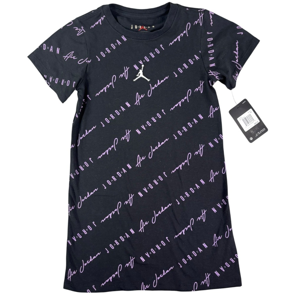 Air Jordan Essentials T Shirt Dress Youth 6X Black Purple Logo AOP Standard Fit